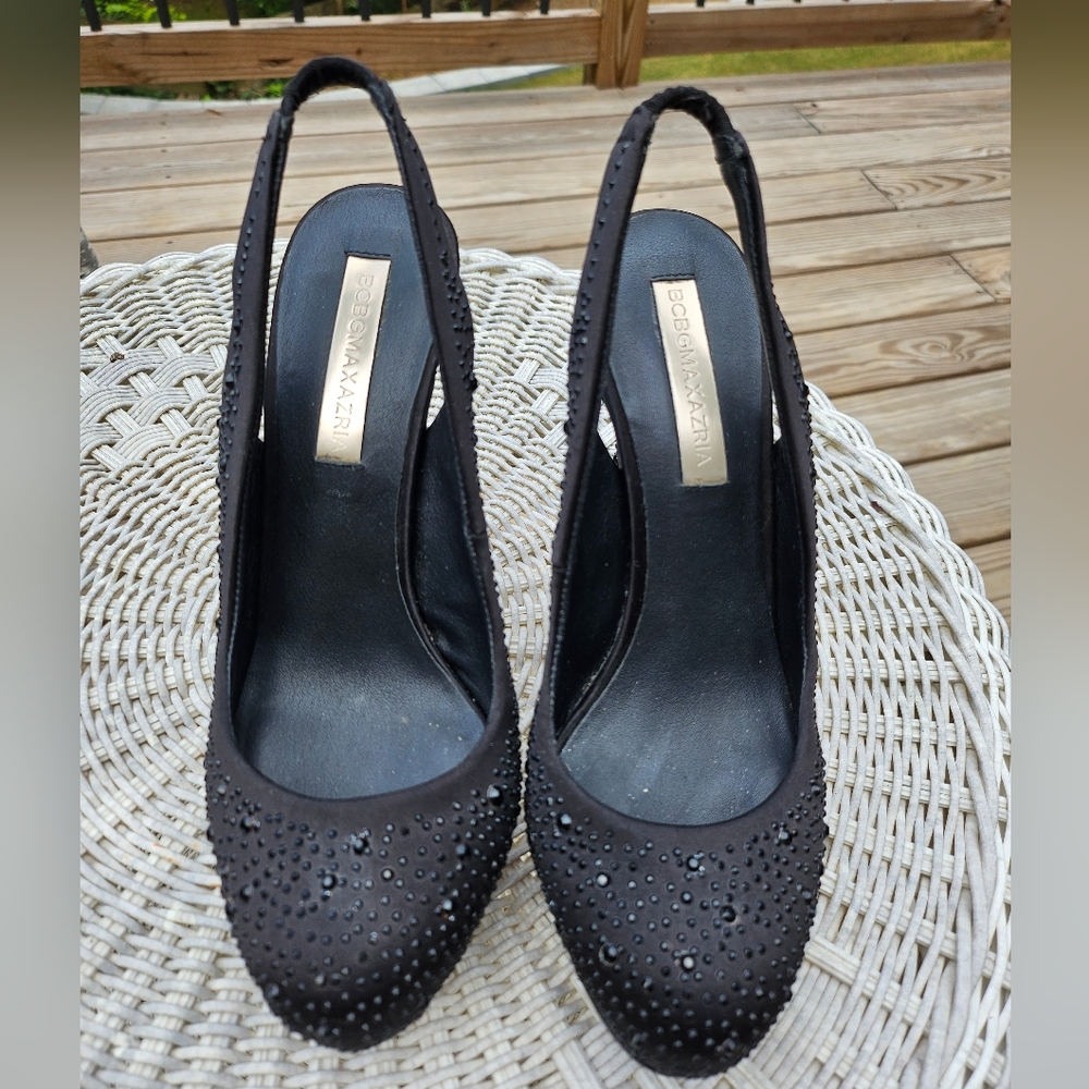 BCBGMAXAZRIA Rhinestone Black Satin Slingback Platform High Heels PartySexyShoes